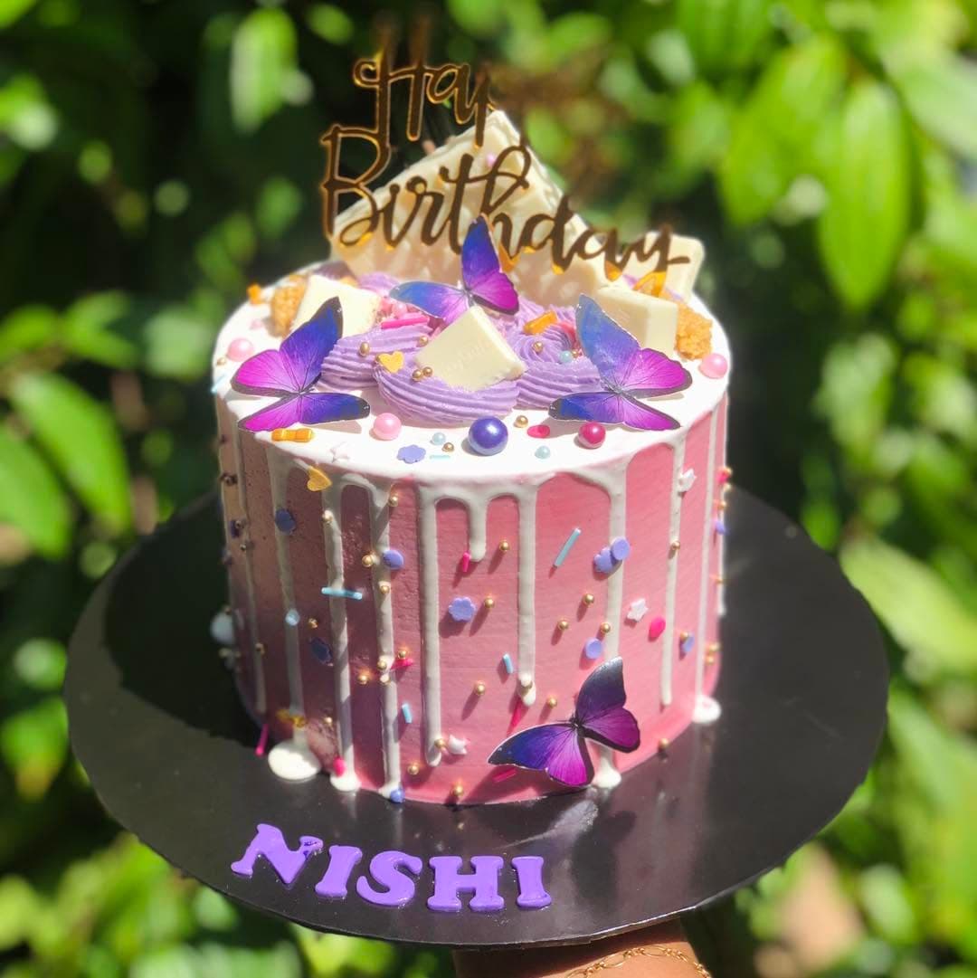 Whimsical Pink and Purple Butterfly Drip Cake Nishi